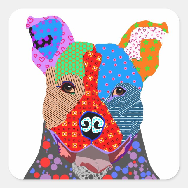 Sticker Carré Patchwork coloré mignon Pitbull Chien (Devant)