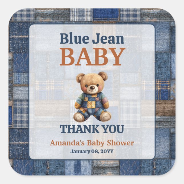 Sticker Carré Patchwork Western Denim Bear Blue Jean Baby Shower (Devant)