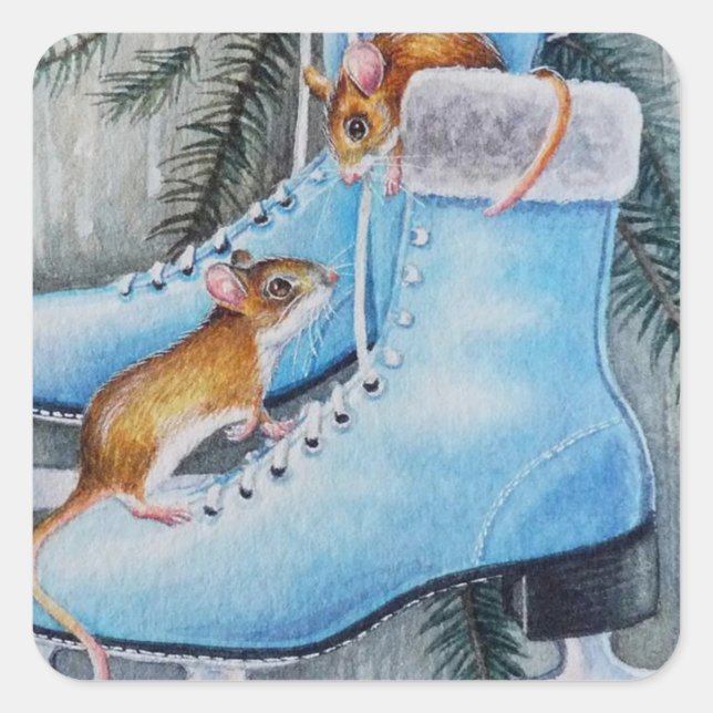 Sticker Carré Patinage sur glace bleu et souris - Maison de vaca (Devant)
