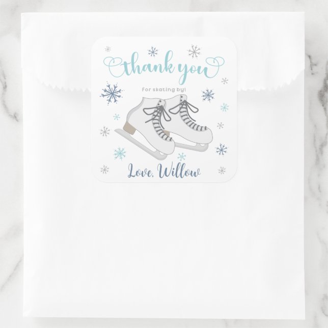 Sticker Carré Patinage sur glace Hiver, Merci d'anniversaire ble (Sac)