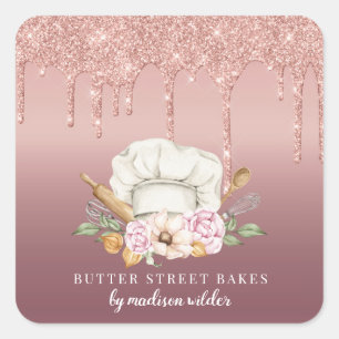 Sticker Carré Pâtisserie Baker Chef Rose Parties scintillant d'o