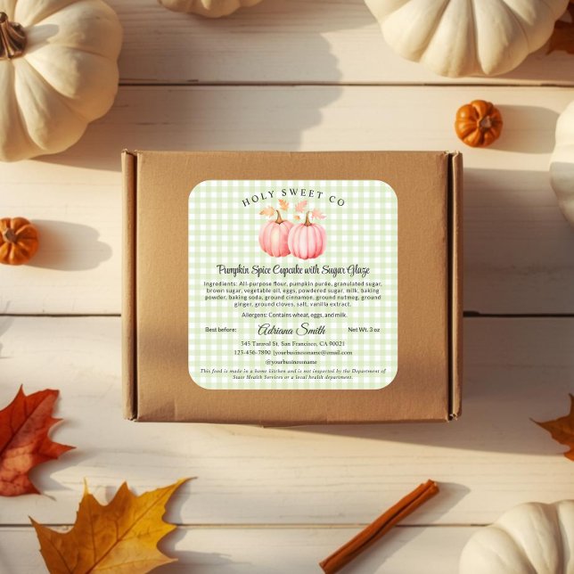 Sticker Carré Pâtisserie Gingham Citrouille Rose Nourriture Mais (Pink Pumpkin and green gingham Cottage Law Bakery Sticker)