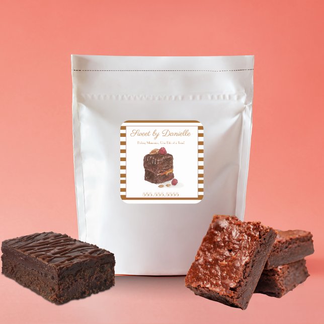 Sticker Carré Pâtisseries Brownie à l'aquarelle (Great logo sticker for your home bakery business or food gifts.)