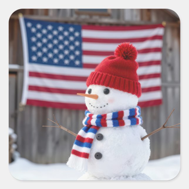Sticker Carré Patriotic Snowman With American Flag (Devant)