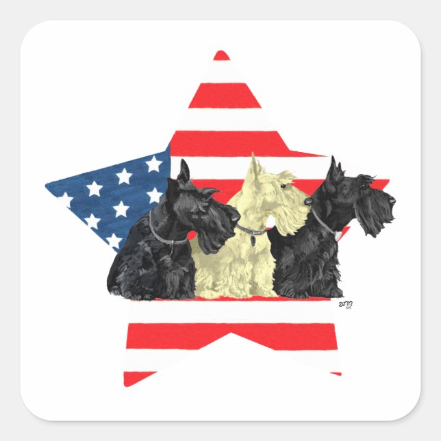 Sticker Carré Patriotique Scottish Terriers sur Star (Devant)