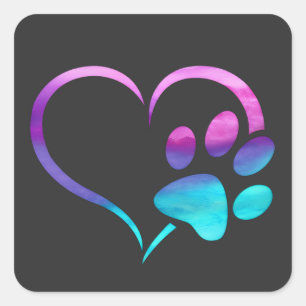 Sticker Carré Patte de chien cyan violet Cœur Imprimé