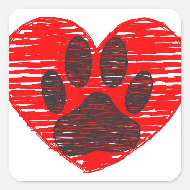 Sticker Carré Paw Chien Croquis Dans Le Coeur Rouge (Devant)