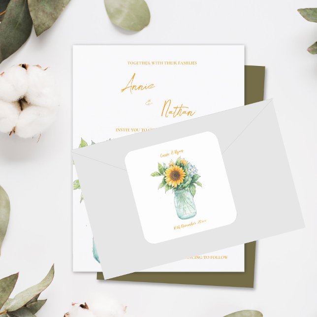 Sticker Carré Pays Floral Russe Tournesol Mason Jar Mariage (Country Floral Rustic Sunflower Mason Jar Wedding Square Sticker)