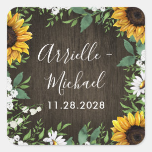 Sticker Carré Pays Rustique Tournesol Fête Mariage Faveur