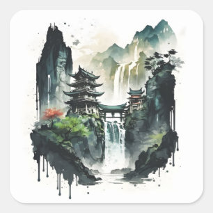 Sticker Carré Paysage antique de l'encre chinoise avec cascade