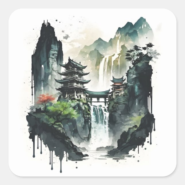 Sticker Carré Paysage antique de l'encre chinoise avec cascade (Devant)