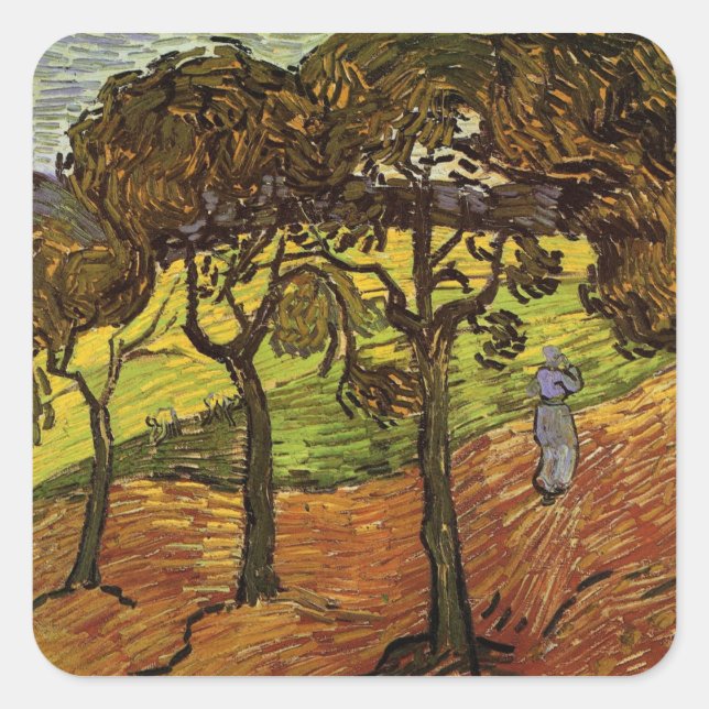 Sticker Carré Paysage, arbres et figures par Vincent van Gogh (Devant)