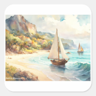 Sticker Carré Paysage avec mer et voiliers