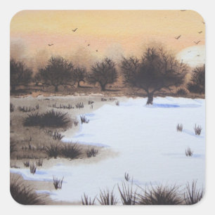 Sticker Carré Paysage de neige de Noël avec arbres enneigés