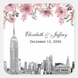 Sticker Carré Paysage de NYC ESB Gravure Fleur Rose Aquarelle 