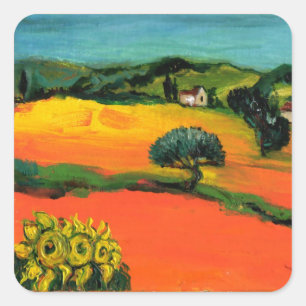 Sticker Carré paysage de Toscane avec tournesols