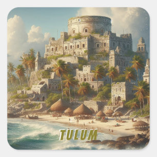 Sticker Carré Paysage de Tulum au Mexique Voyage Rétro