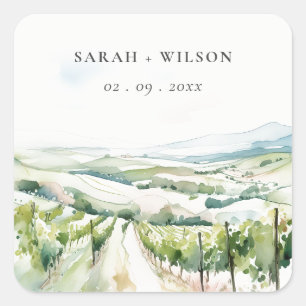 Sticker Carré Paysage de vignoble à l'aquarelle pastel doux Mari
