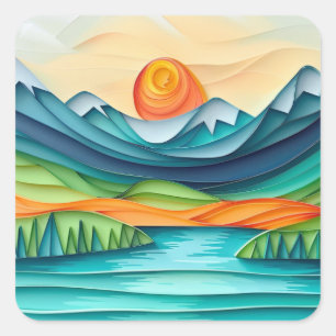 Sticker Carré Paysage du lac Sunset de la jolie montagne Abstrai