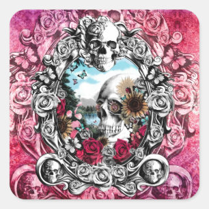 Sticker Carré Paysage fleuri rose de crâne