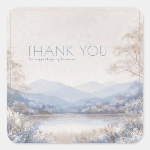 Sticker Carré Paysage hivernal serein bleu beige Cadre doré