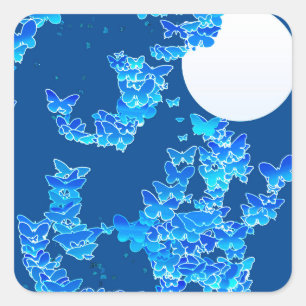 Sticker Carré Paysage lunaire aux papillons - bleu indigo profon