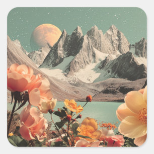 Sticker Carré Paysage Montagnard Surréaliste Avec Fleurs en Fleu