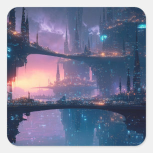 Sticker Carré Paysage urbain futuriste au crépuscule