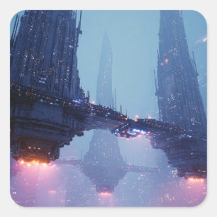 Sticker Carré Paysage urbain futuriste avec des structures flott