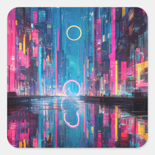 Sticker Carré Paysage urbain nocturne néon vibrant futuriste