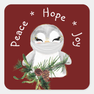 Sticker Carré Peace Hope Joy Pingouin masqué