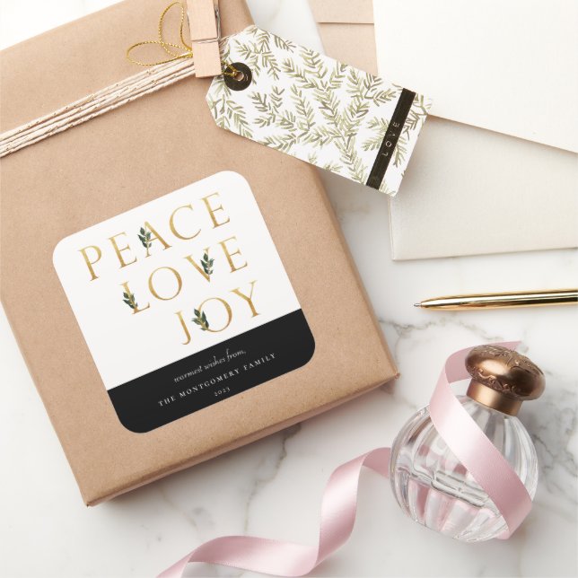 Sticker Carré Peace Love Joy Golden Botanical Holiday (Cadeaux)
