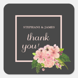 Sticker Carré Peach rose & Charcoal Tropical Floral Merci