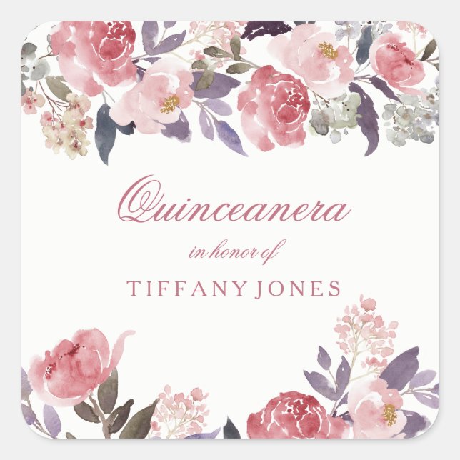 Sticker Carré Peach rose Floral Aquarelle Quinceanera Party (Devant)
