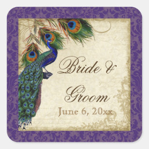 Sticker Carré Peacock & Feathers Formal Wedding Favor Seals Tags