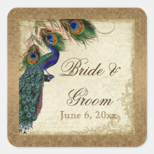 Sticker Carré Peacock & Feathers Vintage Gold Look Damask Swirl