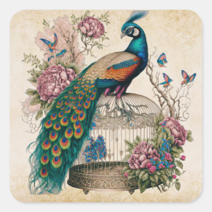 Sticker Carré Peacock vintage sur Bird Cage Victorian