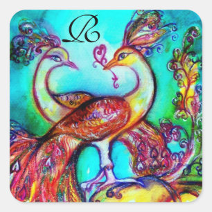 Sticker Carré PEACOCKS IN LOVE MONOGRAM rouge bleu turquase vert