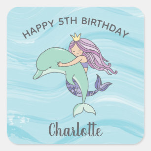 Sticker Carré Peau claire mauve sirène avec dauphin Anniversaire