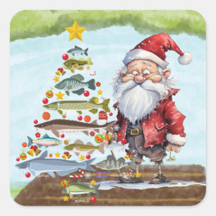 Sticker Carré Pêche Noël avec le Père Noël