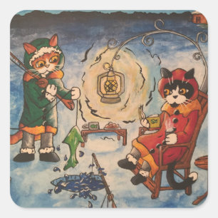 Sticker Carré Pêche sur glace aux chats de nuit
