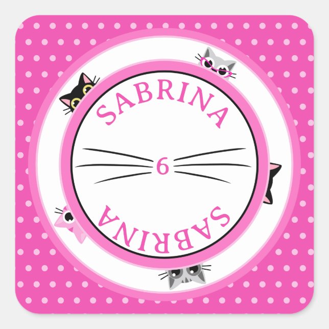 Sticker Carré Peeking Cats Pink Polka Dot (Devant)