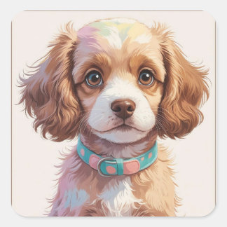 Sticker Carré Pegatina Perro Adorable Blanco y Marrón