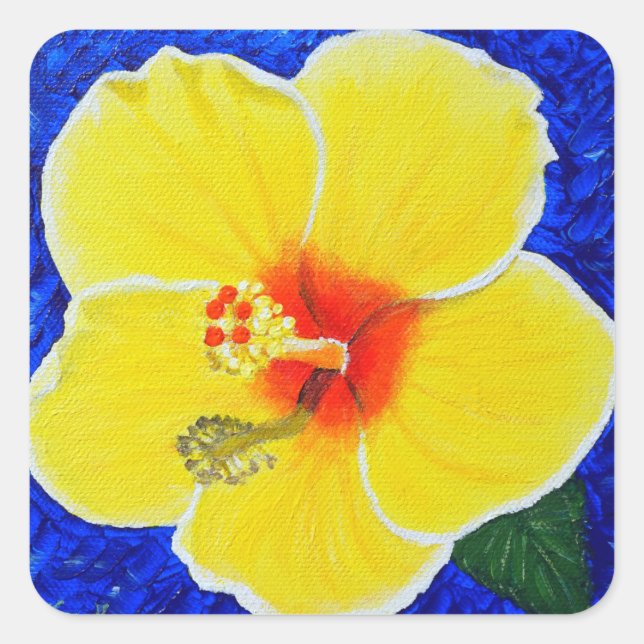 Sticker Carré Peinture à fleurs d'Hibiscus jaune (Devant)