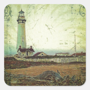 Sticker Carré peinture à l'huile mer plage nautique Phare