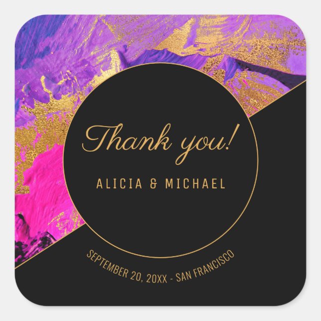 Sticker Carré Peinture acrylique violet or mariage merci (Devant)
