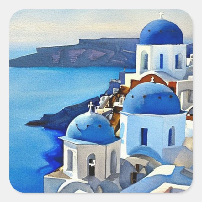 Sticker Carré Peinture aquarelle de Santorin Grèce (Devant)