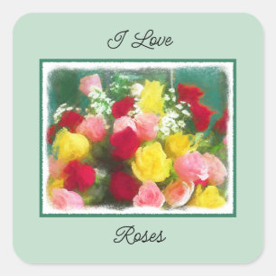 Sticker Carré Peinture Bouquet Rose - Jolie Art Fleur Originale