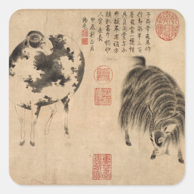 Sticker Carré Peinture chinoise Chèvre bélière Année lunaire Zod (Devant)