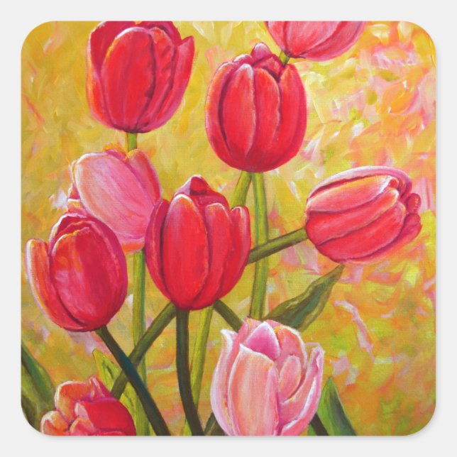 Sticker Carré Peinture de tulipes roses et rouges (Devant)
